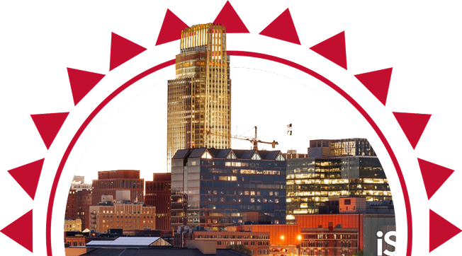 A city skyline in a red sun outline